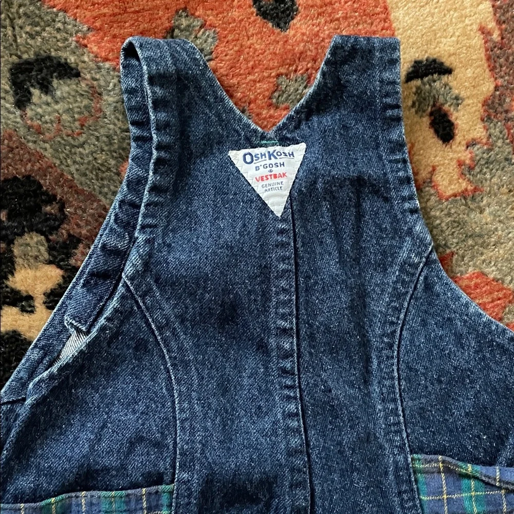 Vintage Baby OshKosh B'gosh Denim Overalls Green Plaid Trim 18M